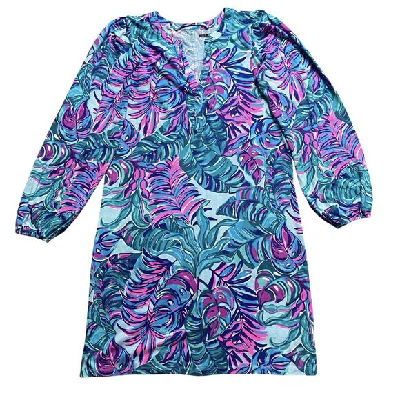 Lilly Pulitzer Bedelia Mini Dress L Seasalt Tropical Don't Wanna Leaf Resort - Picture 1 of 6